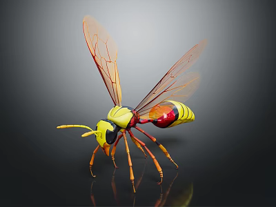 Vibrant Yellow and Red Wasp with Transparent Wings Standing on Dark Background 3d model