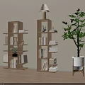 Modern Wooden Bookcase With Tiered Shelves Books Decorative Items Table Lamp And Potted Plant