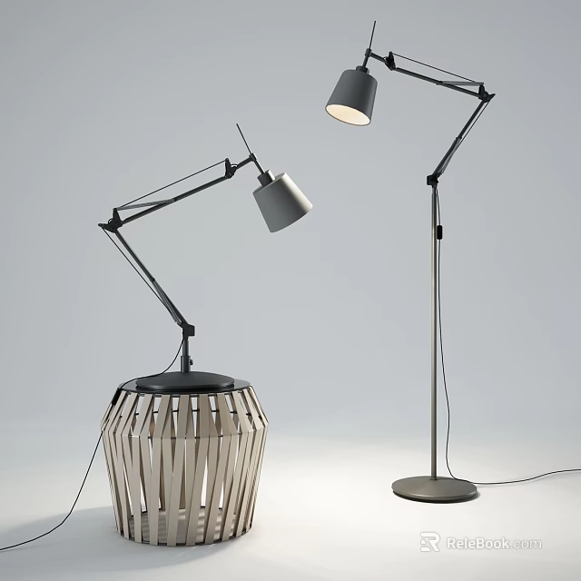 Modern Adjustable Lighting Combination With Metal Arms Wooden Base And Black Shades 3d model 