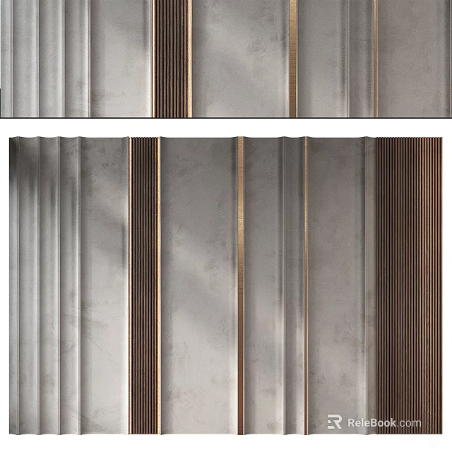 Modern Feature Wall Design With Gray Textured Panels And Gold Metal Strips 3d model 