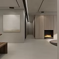 Modern Minimalist Living Dining Room With Wooden Wall Fireplace Blue Sofa Brown Armchair Round Rug
