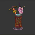 Tropical Drink in Decorative Tiki Mug with Purple Umbrella Pink Flower and Fruit Garnish