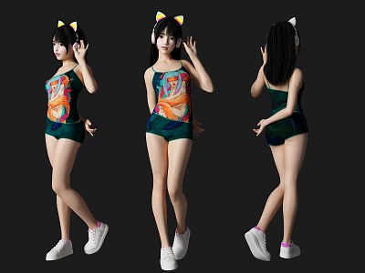 Woman Wearing Cat Ear Headbands Cartoon Printed Leotard Black Shorts and White Sneakers Three Views 3d model