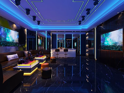 Modern Luxury KTV Interior Design With Blue LED Lighting Comfortable Sofas And Large Screens 3d model