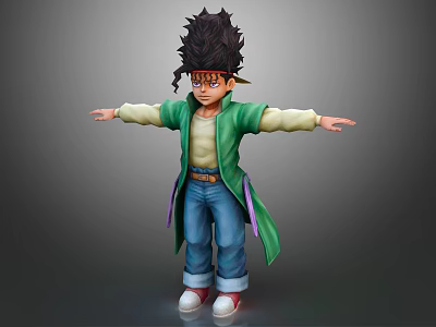 Anime Style 3D Character With Spiky Black Hair Green Coat Blue Jeans And Open Arms 3d model