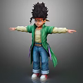 Anime Style 3D Character With Spiky Black Hair Green Coat Blue Jeans And Open Arms