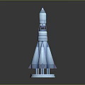 Blue Detailed 3D Rendered Space Rocket Model With Boosters And Base
