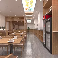 Modern Restaurant Interior With Wooden Dining Tables Chairs Lighting And Beverage Fridge