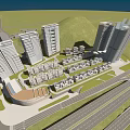 Urban Commercial Street Development With High Rise Buildings Green Spaces And Roads