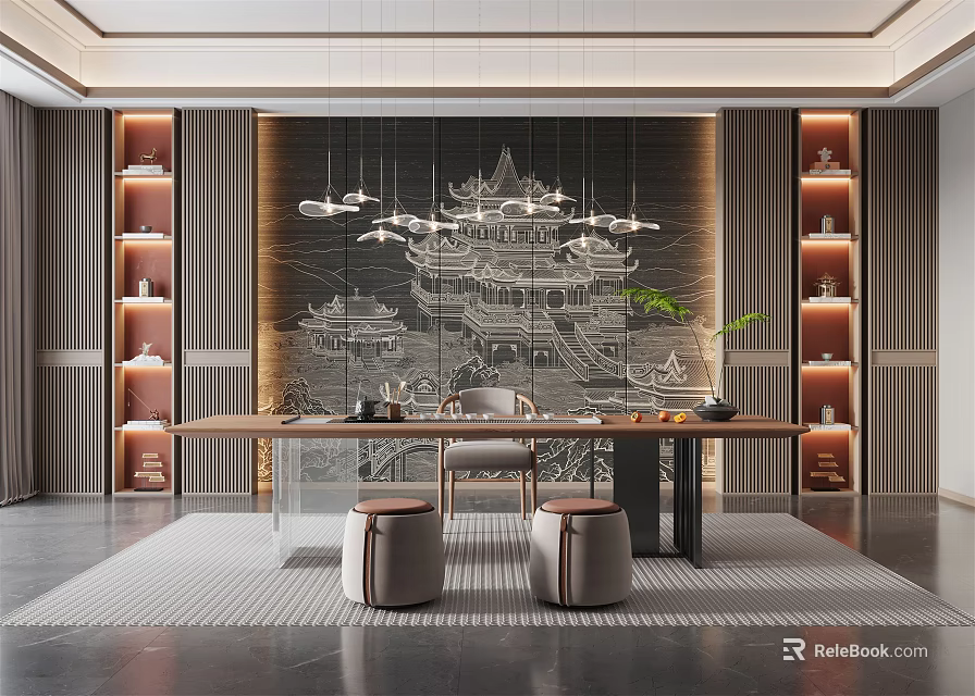 Modern Tea Room With Long Table Stools Relief Pavilion Mural And Wall Chandelier 3d model 