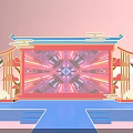 Modern Chinese Style Stage With Red Pink Lighting Geometric Pattern Backdrop Blue Steps Lantern Decorations 3d model