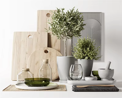Natural Style Kitchen Utensils With Wooden Cutting Boards Olive Oil Bottles And Green Plants 3d model