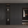 Modern Gray Shoe Cabinet Interior With Glass Shelves Clothing Rack And Bench