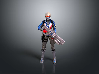 Futuristic Sci Fi Warrior In Blue White Red Outfit With Helmet And Large Tactical Rifle 3d model