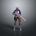 Futuristic Sci Fi Warrior In Blue White Red Outfit With Helmet And Large Tactical Rifle