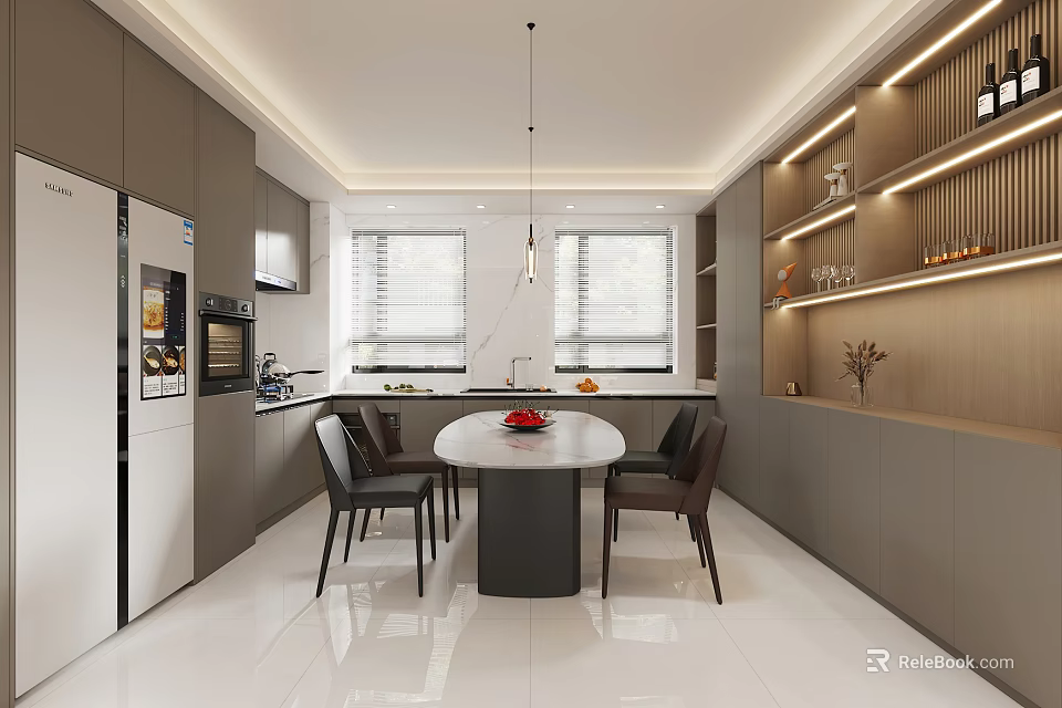 Modern Restaurant Interior With Gray Cabinets White Refrigerator Dining Table Chairs Pendant Lights And Windows 3d model 