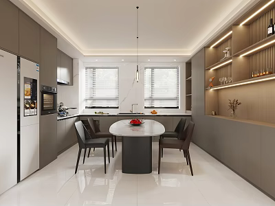 Modern Restaurant Interior With Gray Cabinets White Refrigerator Dining Table Chairs Pendant Lights And Windows 3d model
