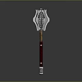 Ornate Battle Axe With Metallic Blade Wooden Red Handle And Silver Accents