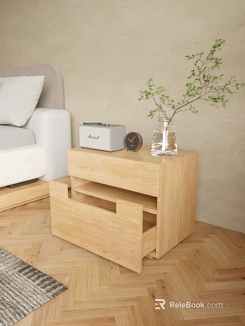 Cozy Bedroom Interior With Wooden Nightstand Radio Clock And Plant On Herringbone Floor 3d model 