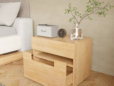 Cozy Bedroom Interior With Wooden Nightstand Radio Clock And Plant On Herringbone Floor 3d model