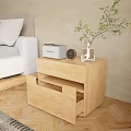 Cozy Bedroom Interior With Wooden Nightstand Radio Clock And Plant On Herringbone Floor