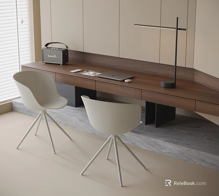 Modern Wooden Desk With Two White Chairs Black Table Lamp Radio And Laptop 3d model 