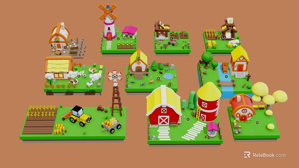 Cartoon Farm Scenes With Windmill Cottages Animals Tractor Barn Pond And Plants 3d model 