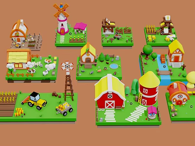 Cartoon Farm Scenes With Windmill Cottages Animals Tractor Barn Pond And Plants 3d model