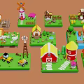 Cartoon Farm Scenes With Windmill Cottages Animals Tractor Barn Pond And Plants