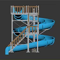 Blue Spiral Water Slide Structure With Wooden Railings And Metal Stairs