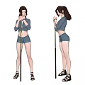 Woman in Gray Top and Denim Shorts Posing with Pole in Modern Style
