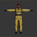 Firefighter In Yellow Firefighting Uniform With Red Helmet And Protective Gear