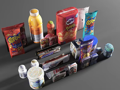 Assorted Packaged Foods With Chips Snacks Drinks Ice Cream And Chocolate Bars 3d model