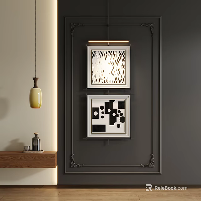 Black And White Landscape Paintings On Gray Wall With Wooden Shelf And Yellow Pendant Light 3d model 