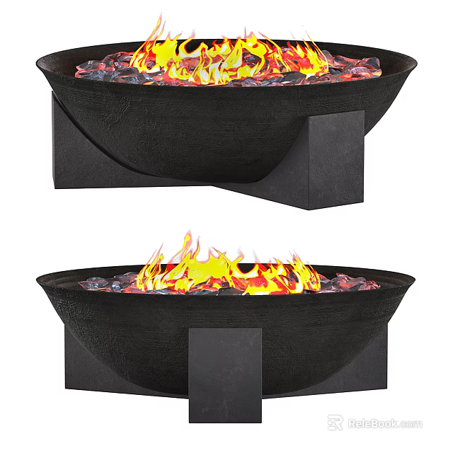 Black Bowl Shaped Fire Pit With Burning Flames Charcoal And Solid Base 3d model