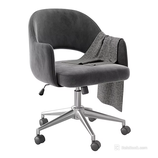 Modern Gray Plush Office Chair with Armrests Metal Base Wheels and Draped Blanket 3d model 