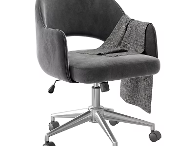Modern Gray Plush Office Chair with Armrests Metal Base Wheels and Draped Blanket 3d model