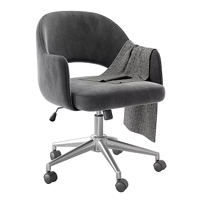 Modern Gray Plush Office Chair with Armrests Metal Base Wheels and Draped Blanket 3d model
