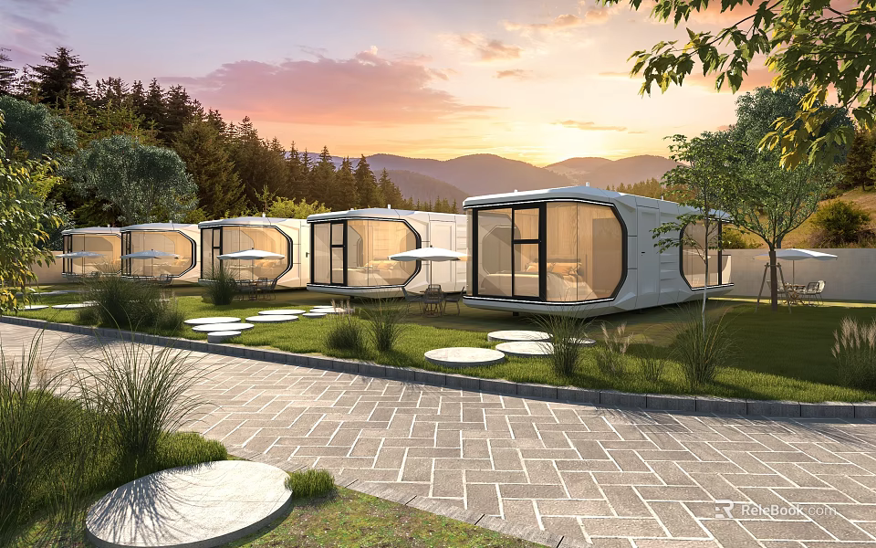 Contemporary Space Capsule Exterior With Green Lawn And Sunset Mountain View 3d model 