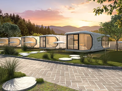 Contemporary Space Capsule Exterior With Green Lawn And Sunset Mountain View 3d model
