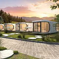 Contemporary Space Capsule Exterior With Green Lawn And Sunset Mountain View