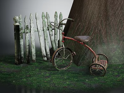 Old Red Tricycle Parked Beside White Wooden Fence And Large Tree On Grassy Ground 3d model