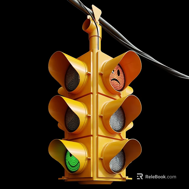 Yellow Traffic Light With Smiley Face Design And Multiple Lenses Against Black Background 3d model