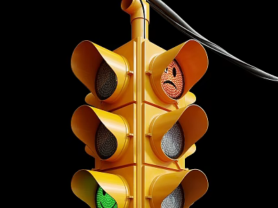 Yellow Traffic Light With Smiley Face Design And Multiple Lenses Against Black Background 3d model