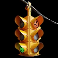Yellow Traffic Light With Smiley Face Design And Multiple Lenses Against Black Background 3d model