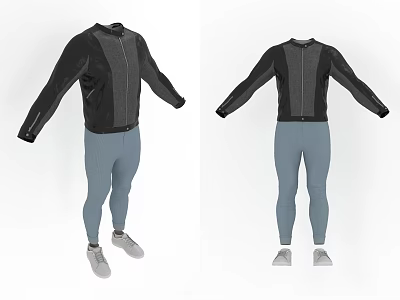 Black Zip Up Jacket With Gray Leggings And Gray Sneakers Sportswear Outfit 3d model