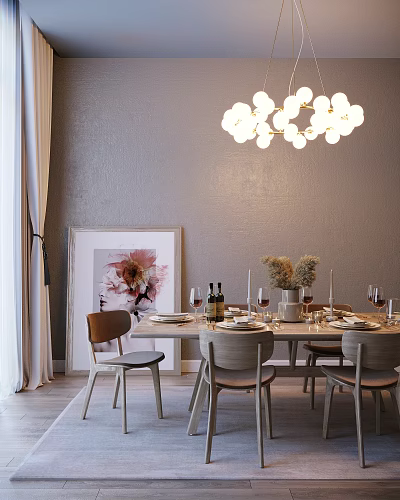 Modern Dining Table Set with Wooden Chairs Chandelier Tableware and Wall Artwork 3d model