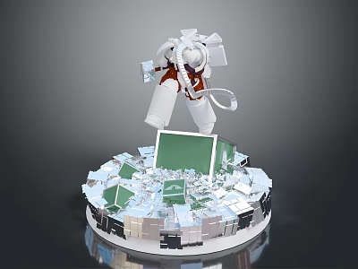 Floating White Astronaut Above Circular Platform With Tablet And Metallic Debris 3d model