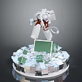Floating White Astronaut Above Circular Platform With Tablet And Metallic Debris