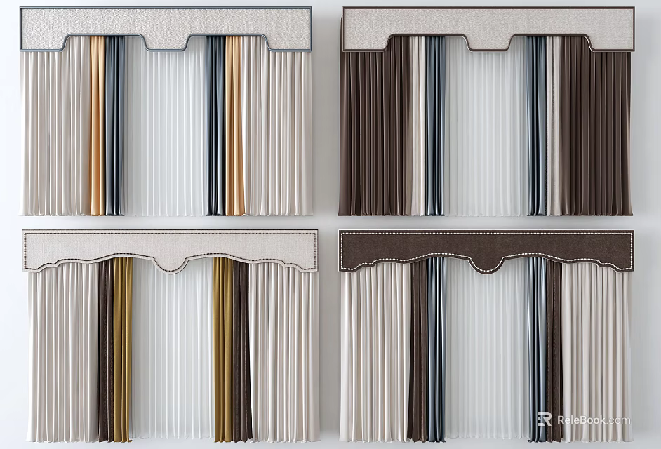 Elegant Curtain Designs With Neutral Brown Gold Blue Vertical Stripes And Valance 3d model 